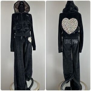PINK Victoria Secret Black Velour Sequin Faux Fur 2pc Y2K Hooded Tracksuit Bling